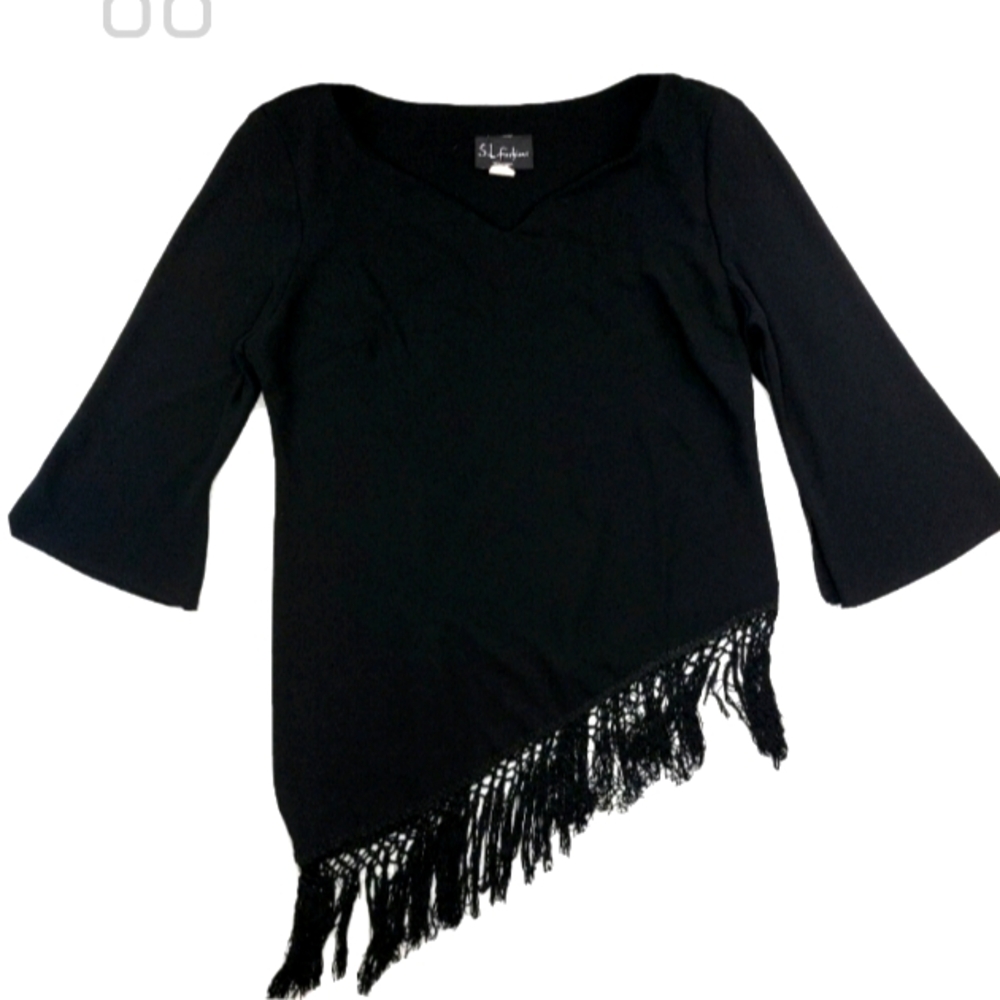 Y2K Grunge S.L Fashions Black Fringe Asymetrical Top L